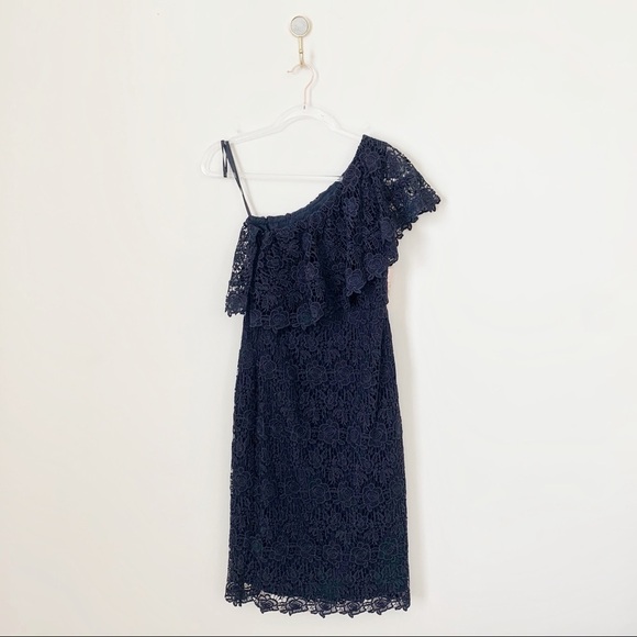 Nanette Lepore One Shoulder Lace Crochet Sheath Dress Navy Blue Midi 2 NWT - Picture 2 of 8